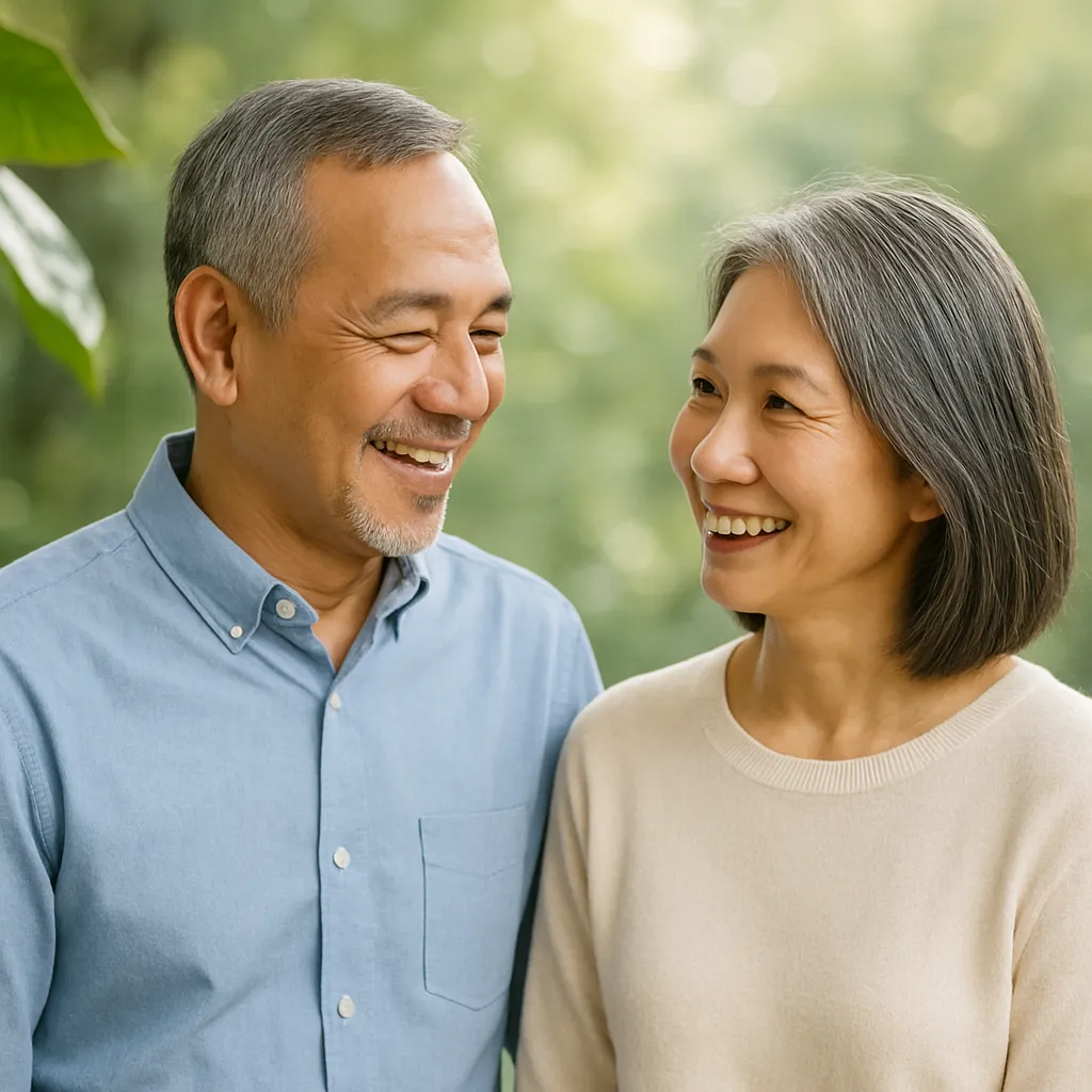 Friendly middle-aged Asian couple talking in a bright natural setting, representing wellness, trust and guidance.